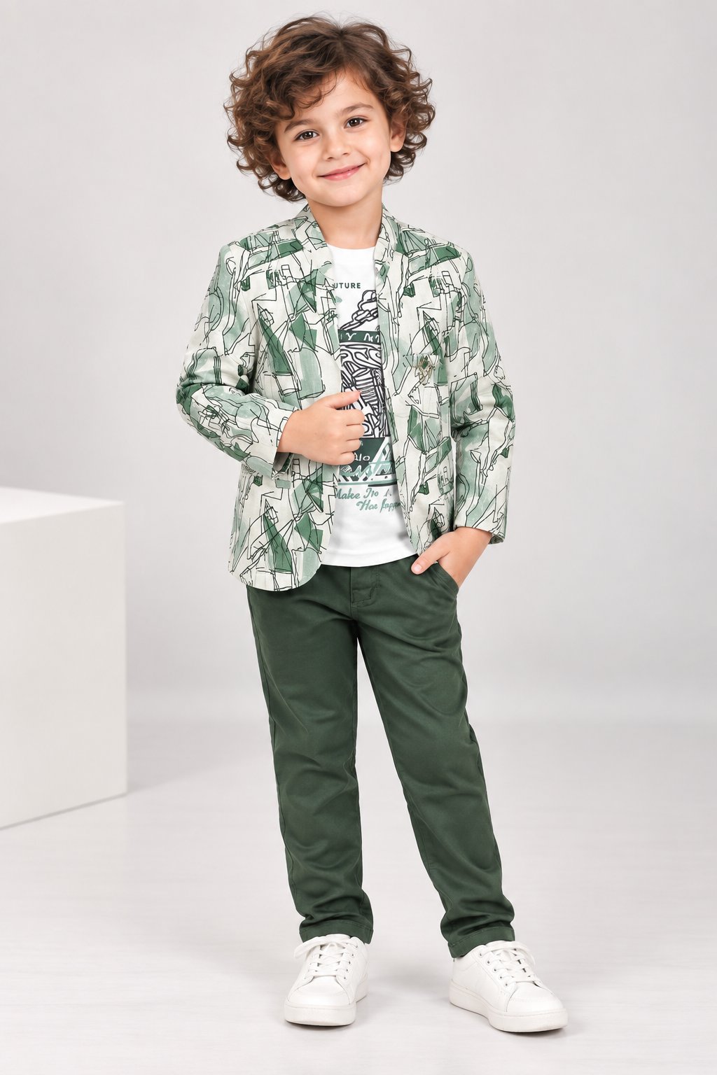 Sage Abstract Printed Blazer Set - Front View