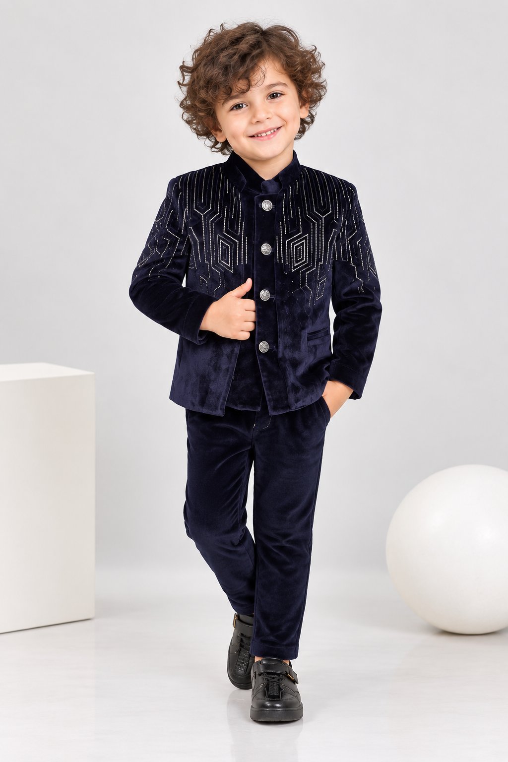 Midnight Navy Velvet Geometric Bandhgala - Front View