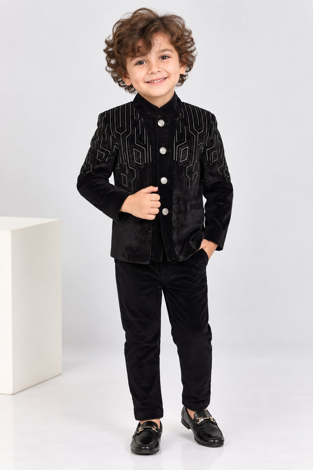 Royal Onyx Velvet Embroidered Tuxedo - Front View