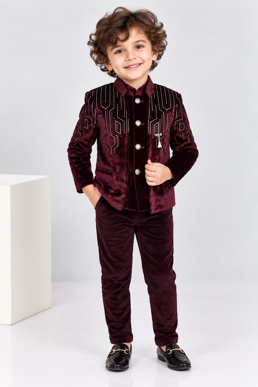 Imperial Burgundy Velvet Jodhpuri Suit - Front View